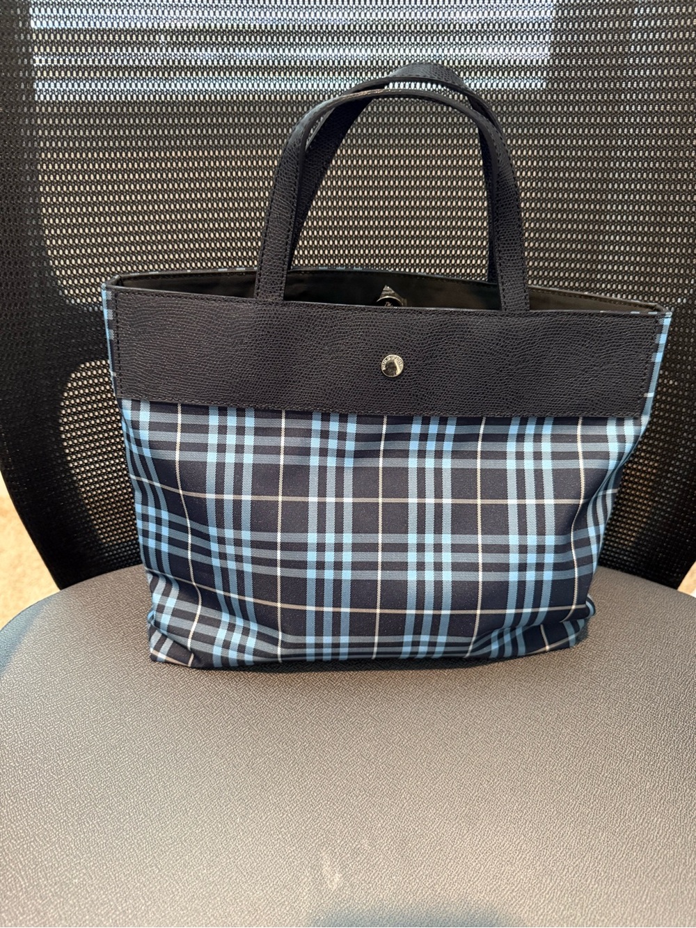 Burberry Navy and Light Blue Plaid Messenger Tote